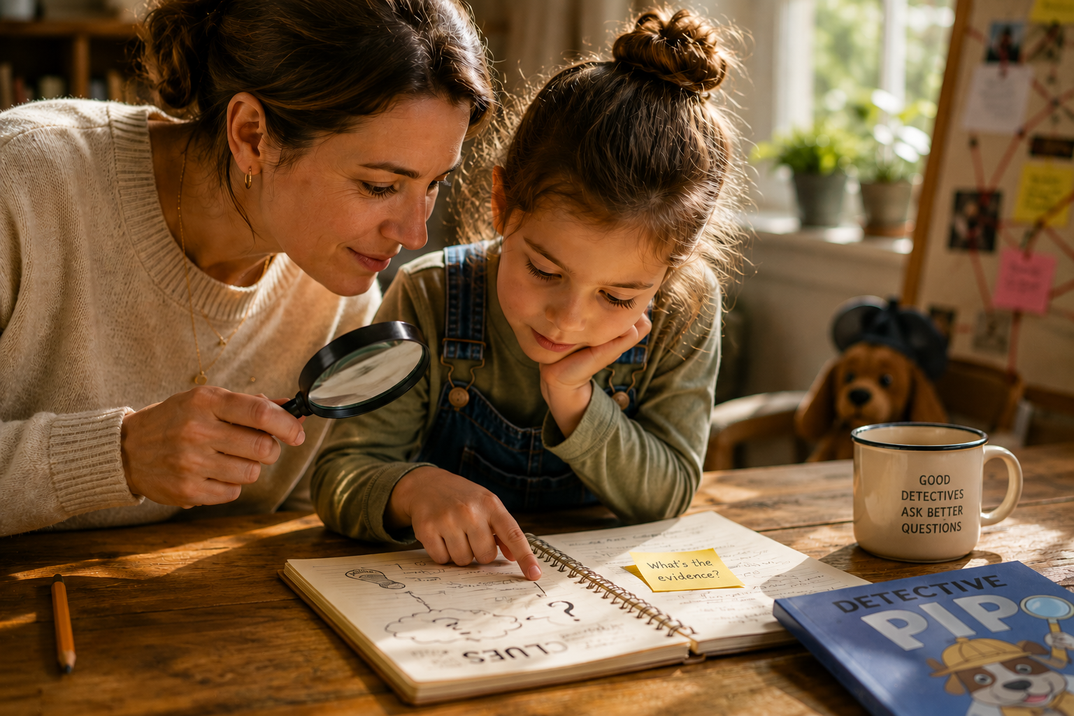 A parent and child investigating clues together with a magnifying glass and Detective Pip notebook